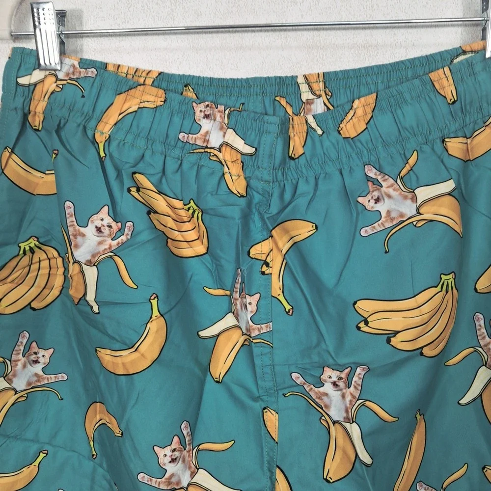 ZenGents‎ Swim Trunks Mens Large Green Banana Cat Print Mesh Liner Shorts
